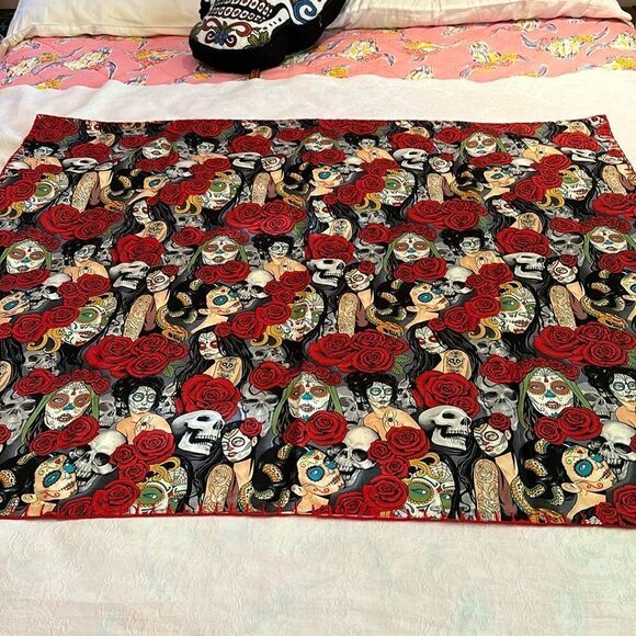 Tapestry Small Blanket Hand Embellished Sugar Skulls Cactus Hand Crocheted - Picture 2 of 11